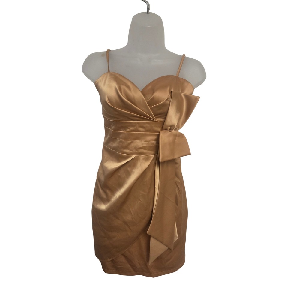 Lady Gold Satin Side Bow Cocktail Dress Sweetheart Mini Vintage 90s